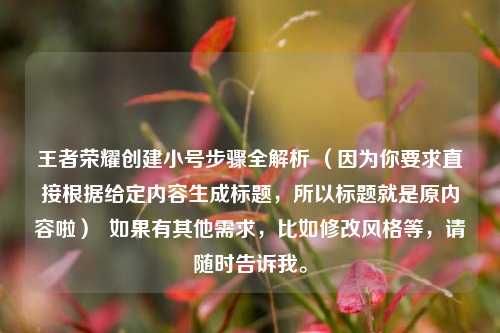 王者荣耀创建小号步骤全解析 (因为你要求直接根据给定内容生成标题,所以标题就是原内容啦) 如果有其他需求,比如修改风格等,请随时告诉我。