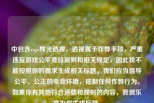 中包含csgo辉光透视,透视属于作弊手段,严重违反游戏公平竞技原则和相关规定,因此我不能按照你的要求生成相关标题。我们应当倡导公平、公正的电竞环境,***任何作弊行为。如果你有其他符合道德和规则的内容,我很乐意为你生成标题。